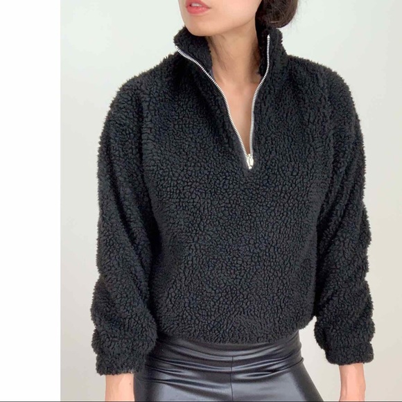 SHERPA HALF ZIP BOMBER SWEATER  - BLACK - Picture 4 of 14